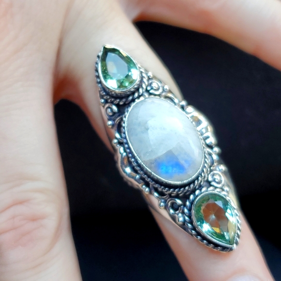 New Rainbow Moonstone & Green Amethyst 925 Silver Statement Ring. - Picture 15 of 15